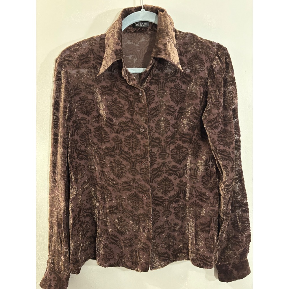 Tahari Chocolate Brown Velvet Burnout Blouse 4 Silk Blend